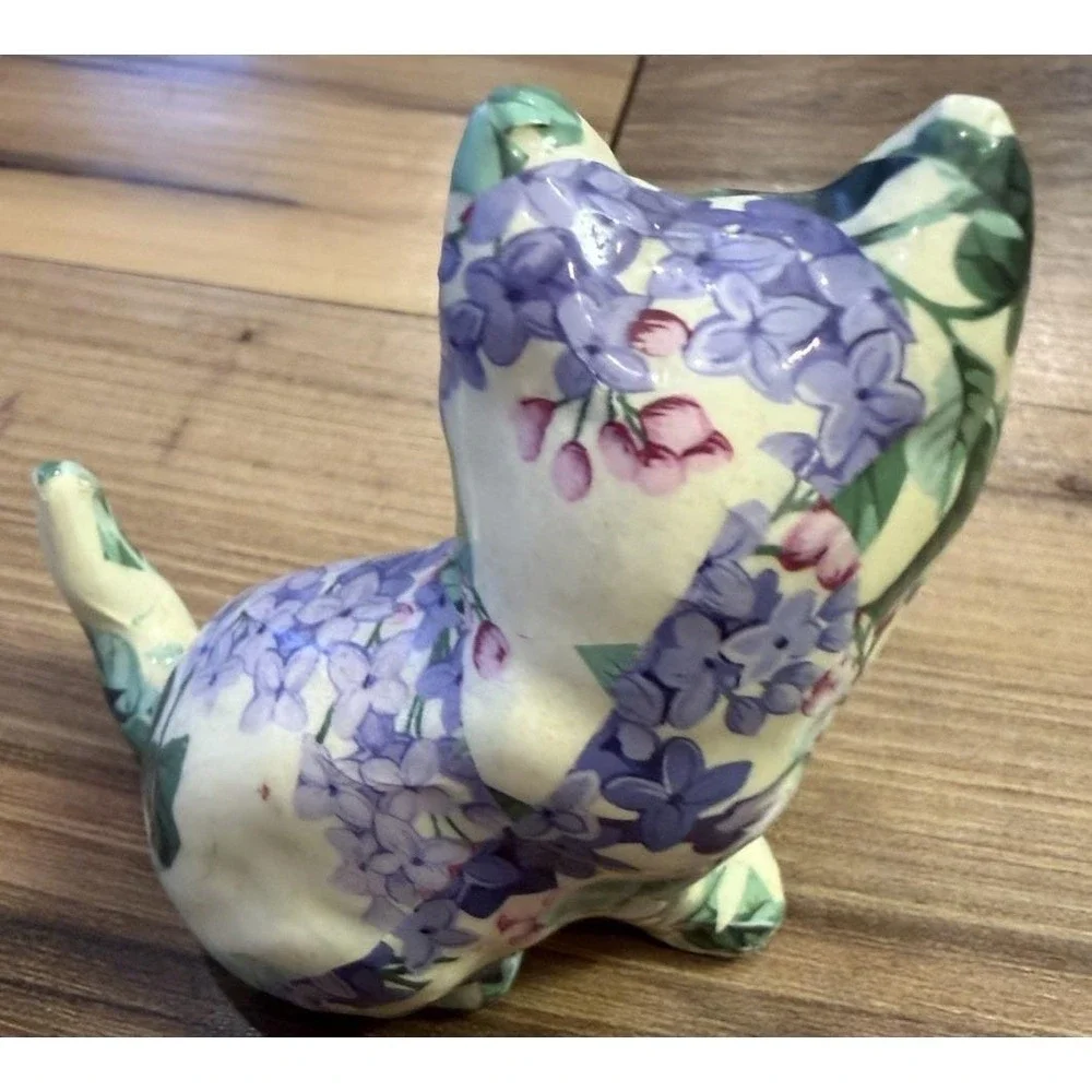 Handmade Floral Decoupage‎ Cat Figurine Made in Canada Ceramic Cottagecore Decor